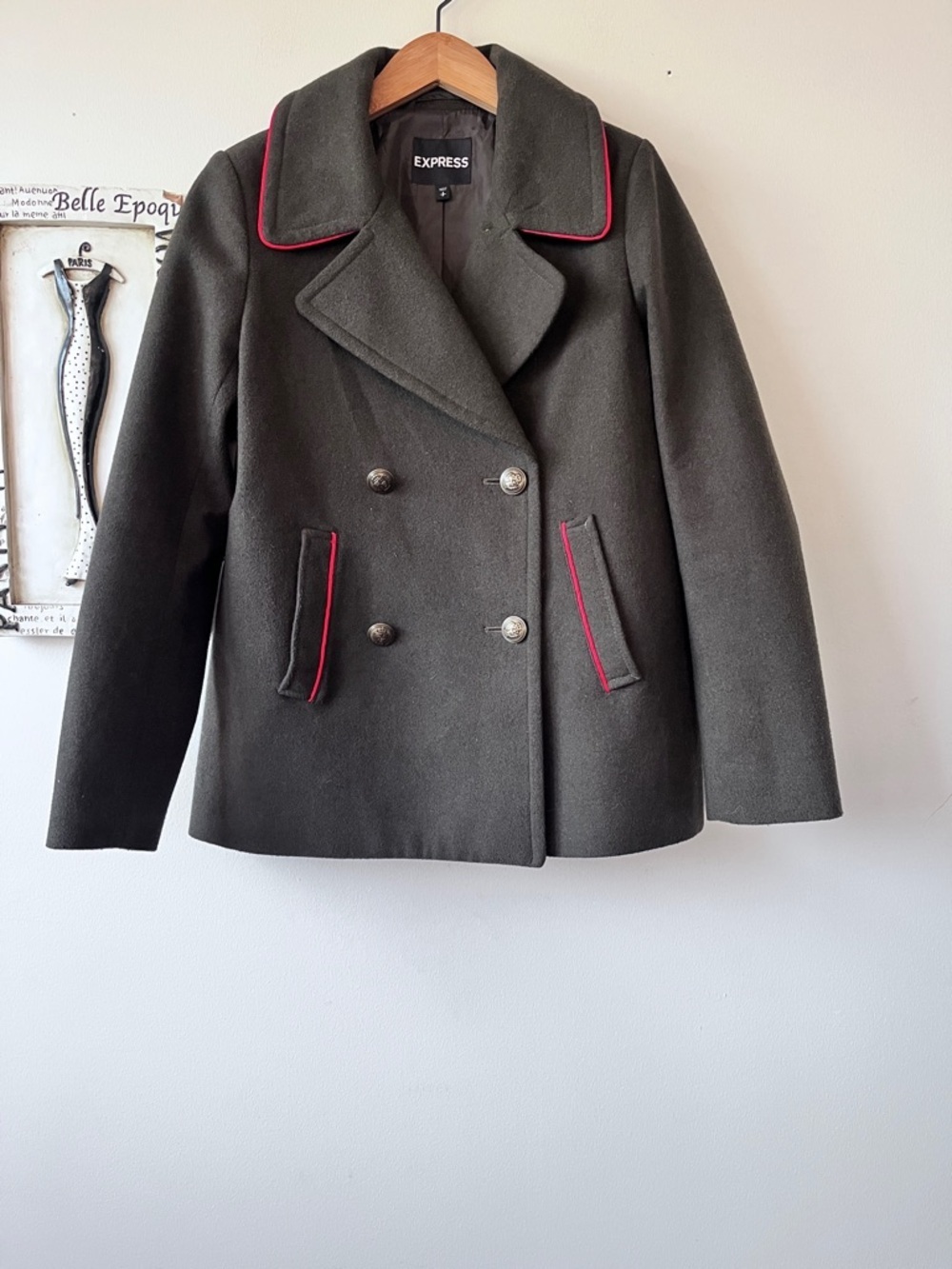 Express Women's Olive Green Military Style Peacoat With Red Trim Size S